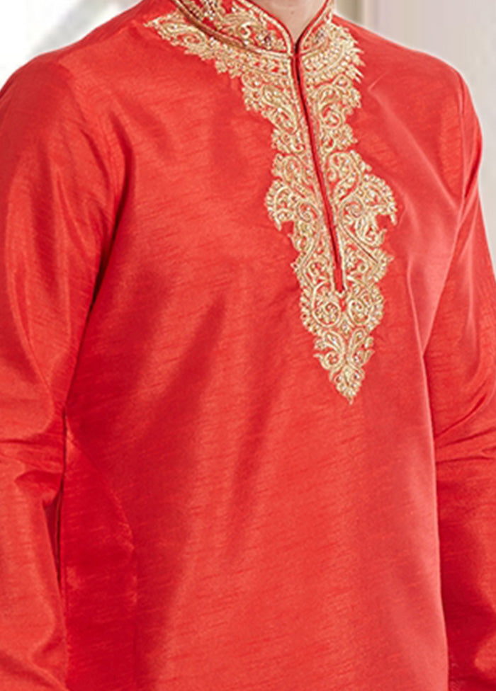 2 Pc Red Dupion Silk Kurta Churidar Set