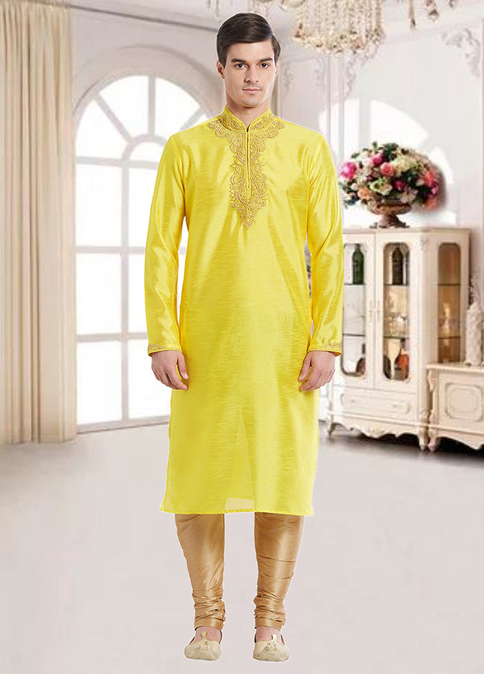 2 Pc Yellow Dupion Silk Kurta Churidar Set