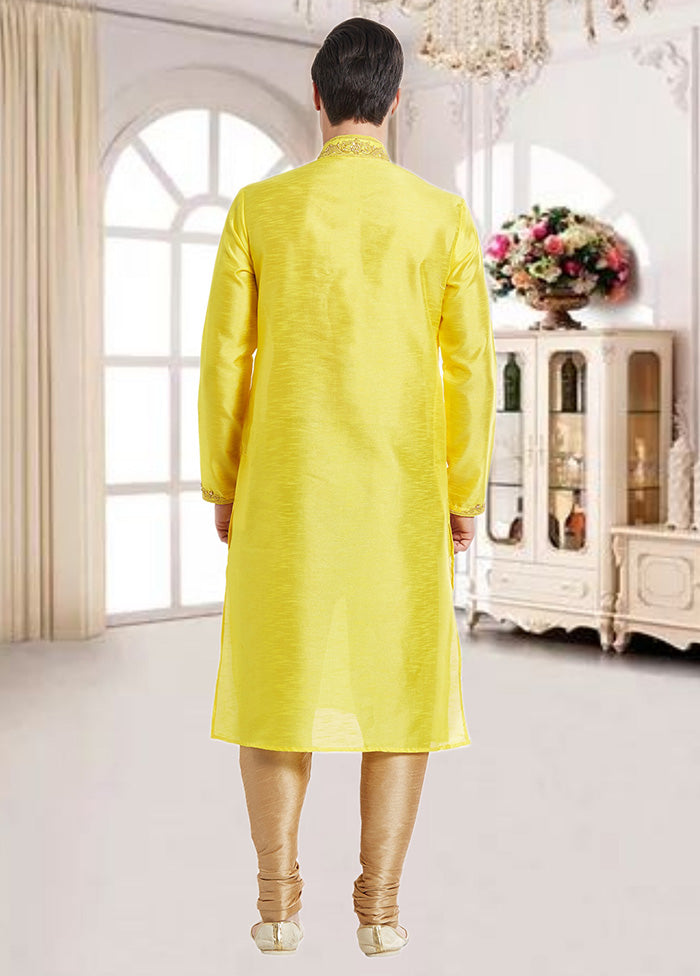 2 Pc Yellow Dupion Silk Kurta Churidar Set