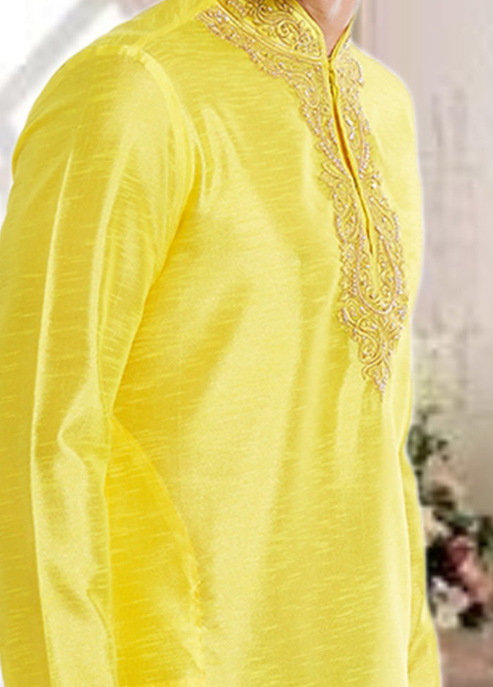 2 Pc Yellow Dupion Silk Kurta Churidar Set