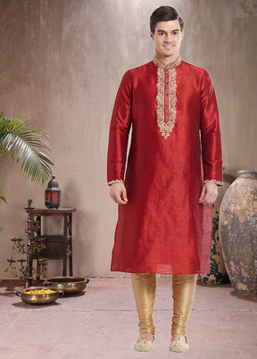 2 Pc Maroon Dupion Silk Kurta Churidar Set