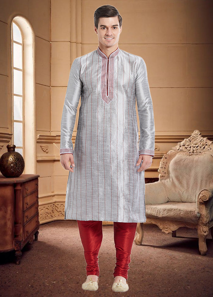 2 Pc Grey Dupion Silk Kurta Churidar Set