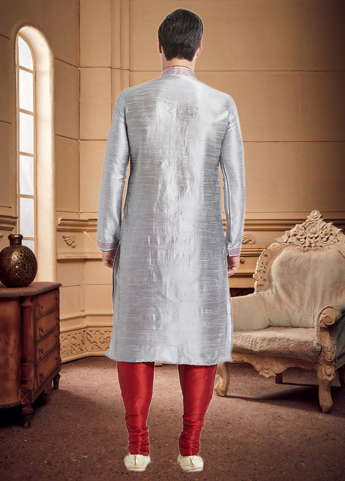 2 Pc Grey Dupion Silk Kurta Churidar Set