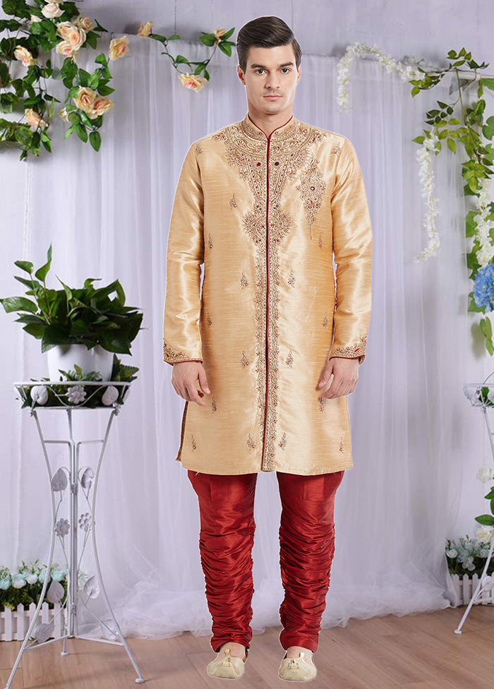 2 Pc Chikoo Dupion Silk Sherwani Churidar Set