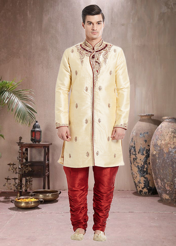 2 Pc Cream Dupion Silk Sherwani Churidar Set