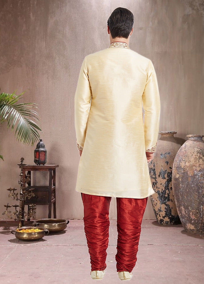 2 Pc Cream Dupion Silk Sherwani Churidar Set