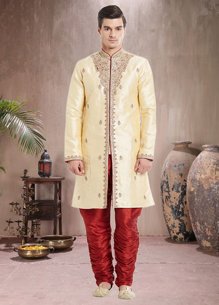 2 Pc Cream Dupion Silk Sherwani Churidar Set