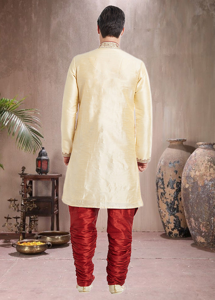 2 Pc Cream Dupion Silk Sherwani Churidar Set