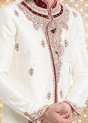 2 Pc Cream Dupion Silk Sherwani Churidar Set