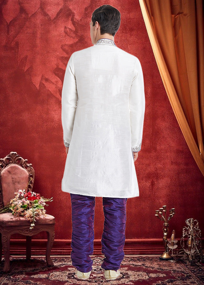 2 Pc Off White Dupion Silk Sherwani Churidar Set