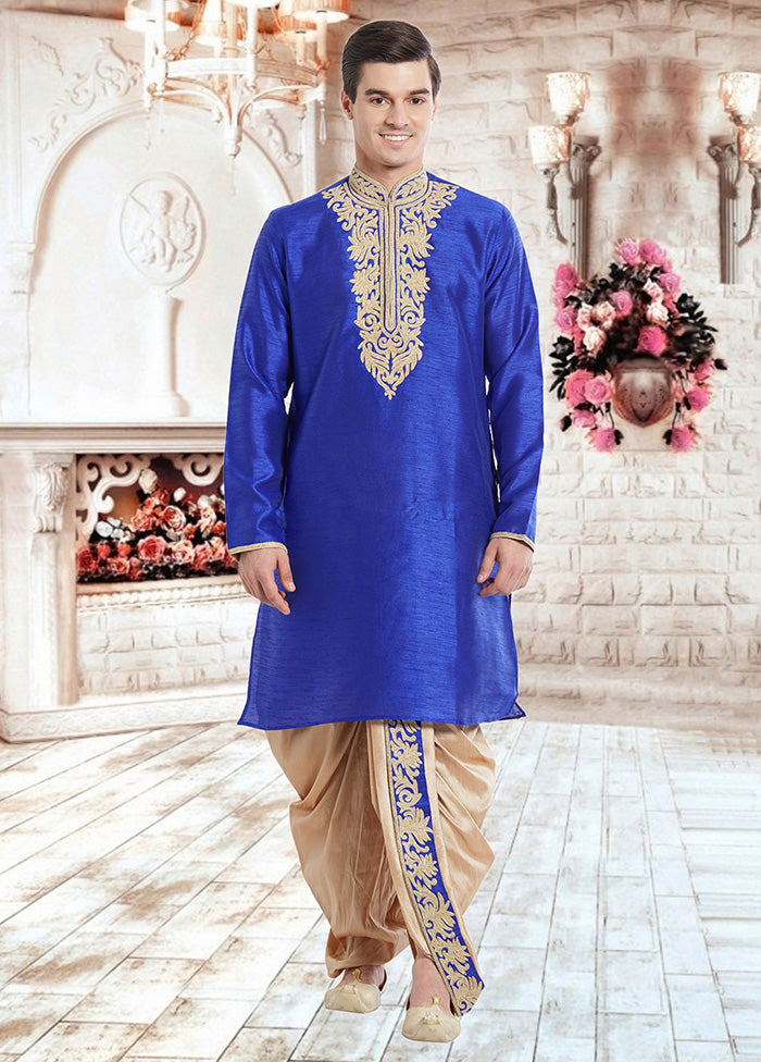 2 Pc Royal Blue Dupion Silk Kurta Dhoti Set