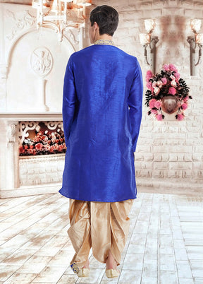 2 Pc Royal Blue Dupion Silk Kurta Dhoti Set