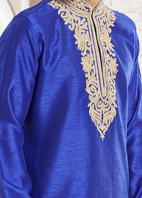 2 Pc Royal Blue Dupion Silk Kurta Dhoti Set