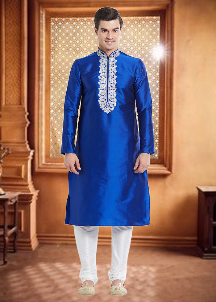 2 Pc Royal Blue Dupion Silk Kurta Churidar Set