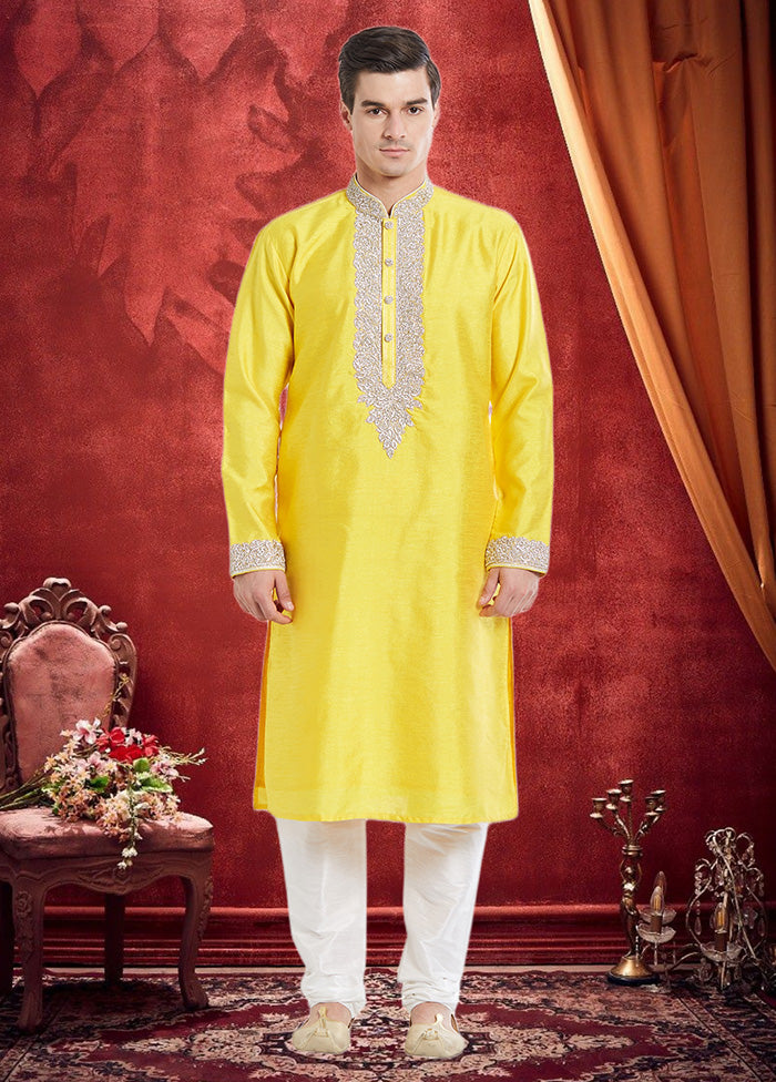 2 Pc Yellow Dupion Silk Kurta Churidar Set