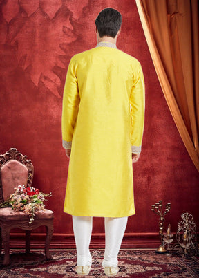 2 Pc Yellow Dupion Silk Kurta Churidar Set