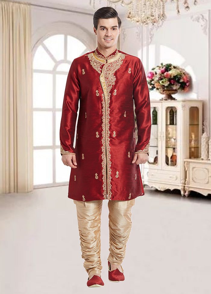 2 Pc Maroon Dupion Silk Sherwani Churidar Set