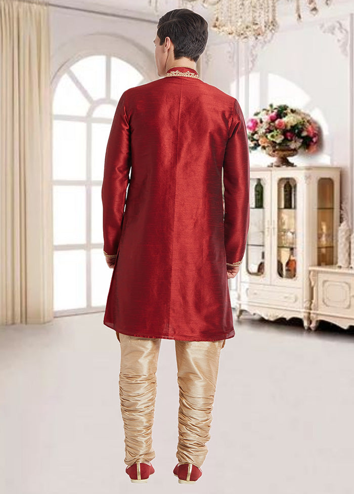 2 Pc Maroon Dupion Silk Sherwani Churidar Set