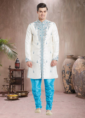 2 Pc Off White Dupion Silk Sherwani Churidar Set