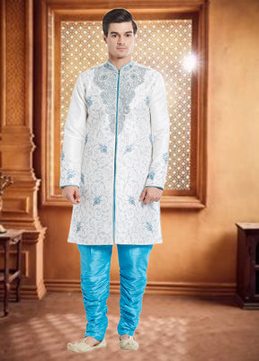 2 Pc Off White Dupion Silk Sherwani Churidar Set