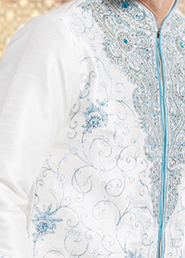 2 Pc Off White Dupion Silk Sherwani Churidar Set