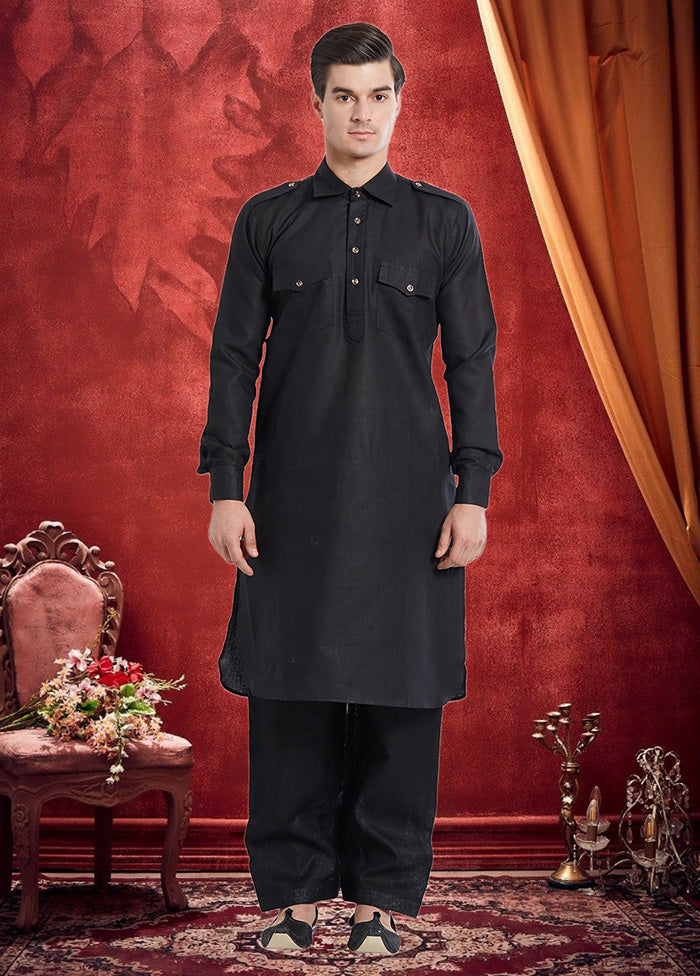 2 Pc Black Cotton Kurta Pant Set