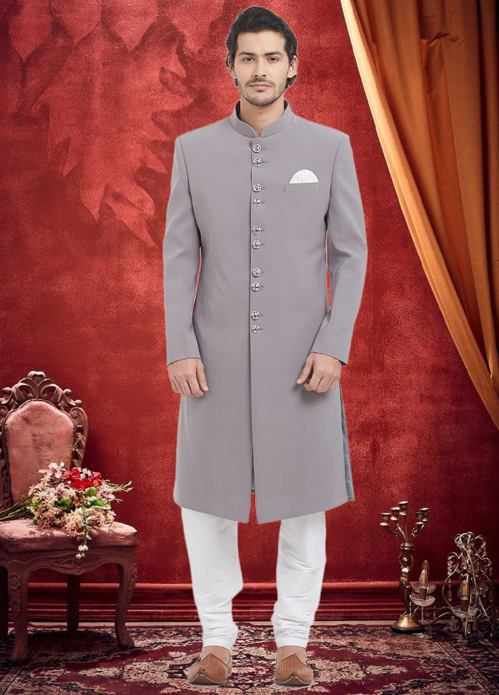 2 Pc Grey Dupion Silk Sherwani Churidar Set