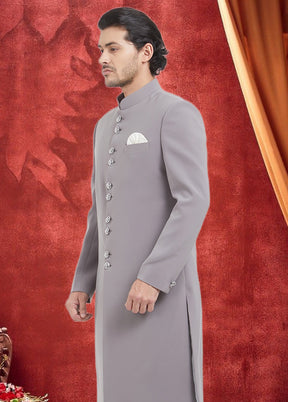 2 Pc Grey Dupion Silk Sherwani Churidar Set