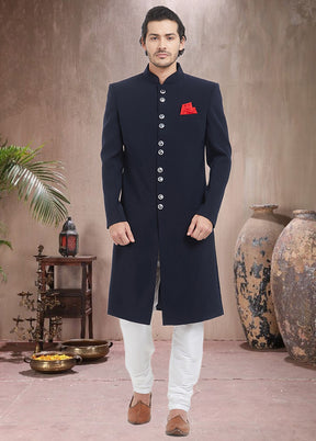 2 Pc Navy Blue Dupion Silk Sherwani Churidar Set