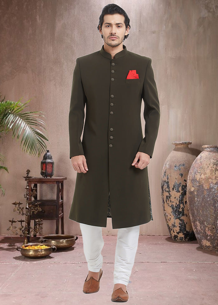 2 Pc Green Dupion Silk Sherwani Churidar Set