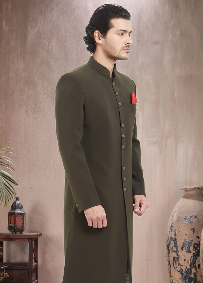 2 Pc Green Dupion Silk Sherwani Churidar Set