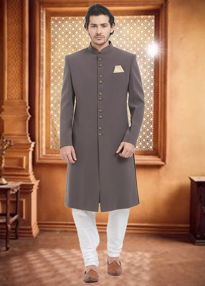 2 Pc Grey Dupion Silk Sherwani Churidar Set