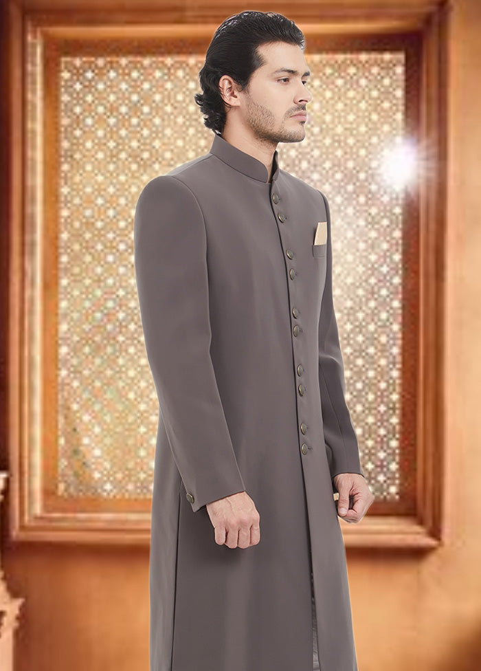 2 Pc Grey Dupion Silk Sherwani Churidar Set