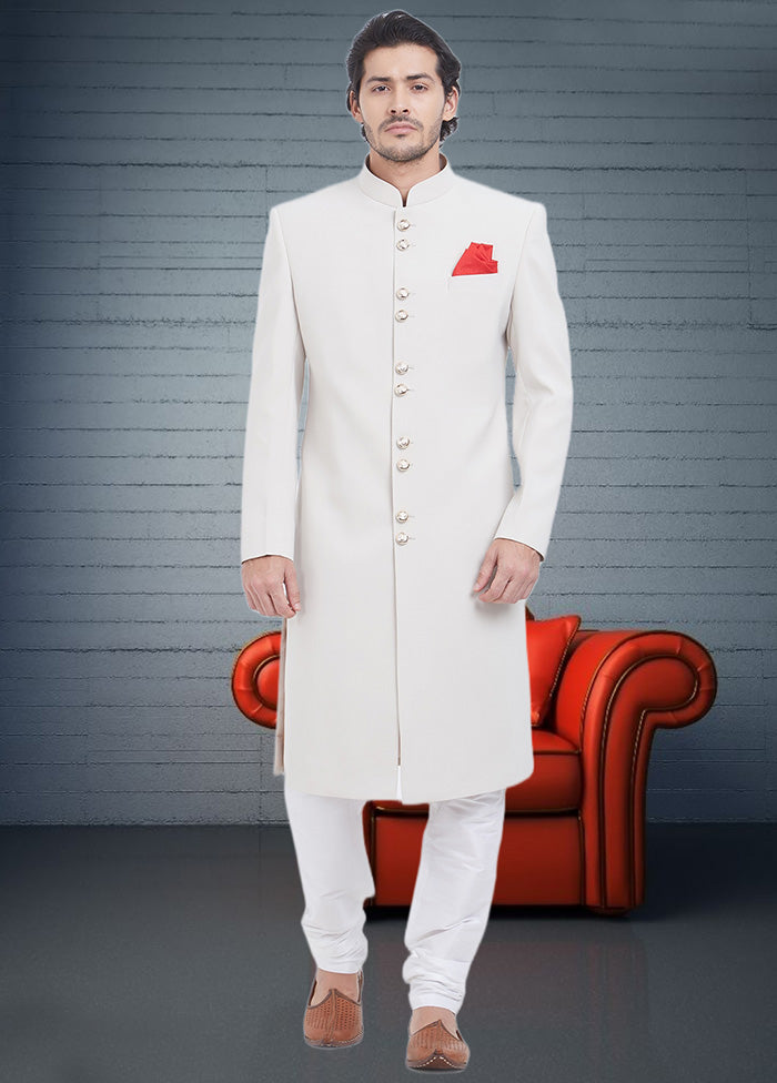 2 Pc White Dupion Silk Sherwani Churidar Set