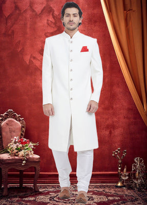 2 Pc White Dupion Silk Sherwani Churidar Set