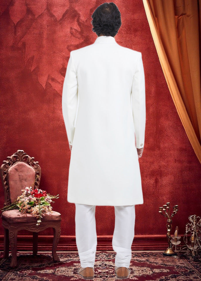 2 Pc White Dupion Silk Sherwani Churidar Set