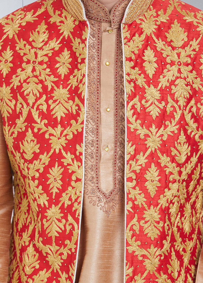 3 Pc Red Dupion Silk Ethnic Wear Set