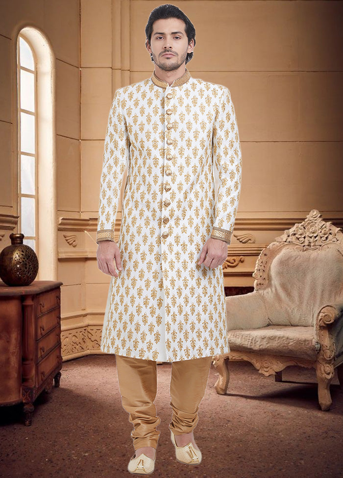 2 Pc White Dupion Silk Sherwani Churidar Set