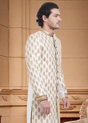 2 Pc White Dupion Silk Sherwani Churidar Set