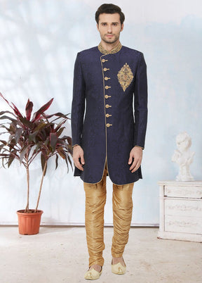 2 Pc Navy Blue Dupion Silk Sherwani Churidar Set