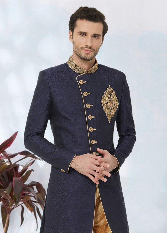 2 Pc Navy Blue Dupion Silk Sherwani Churidar Set