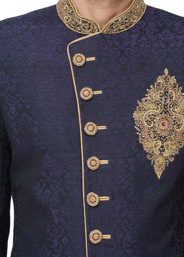 2 Pc Navy Blue Dupion Silk Sherwani Churidar Set