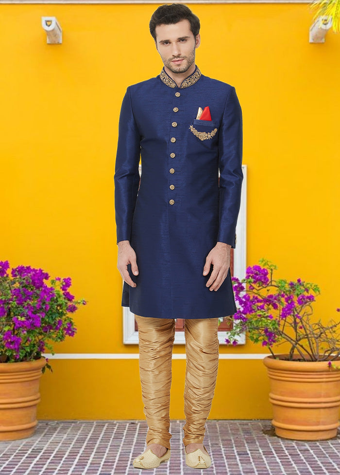 2 Pc Royal Blue Dupion Silk Sherwani Churidar Set