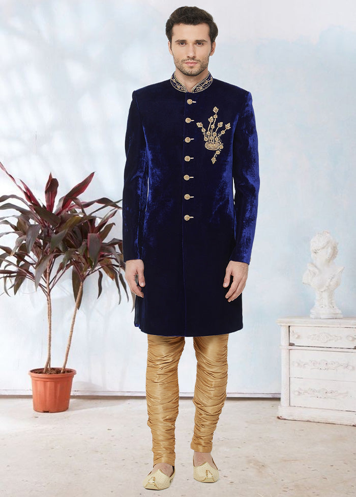 2 Pc Navy Blue Velvet Sherwani Churidar Set