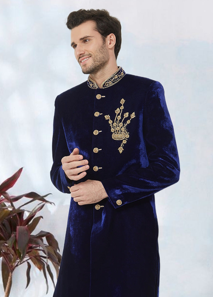 2 Pc Navy Blue Velvet Sherwani Churidar Set