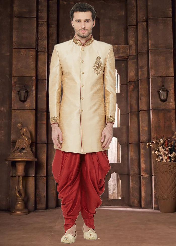 2 Pc Gold Dupion Silk Sherwani Dhoti Set