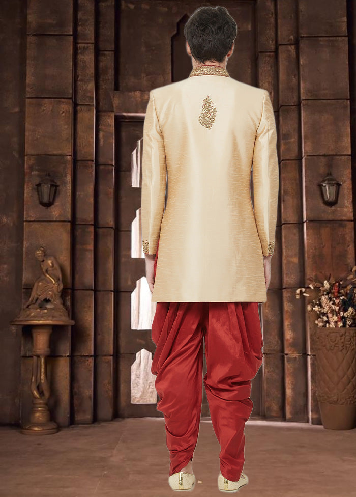 2 Pc Gold Dupion Silk Sherwani Dhoti Set