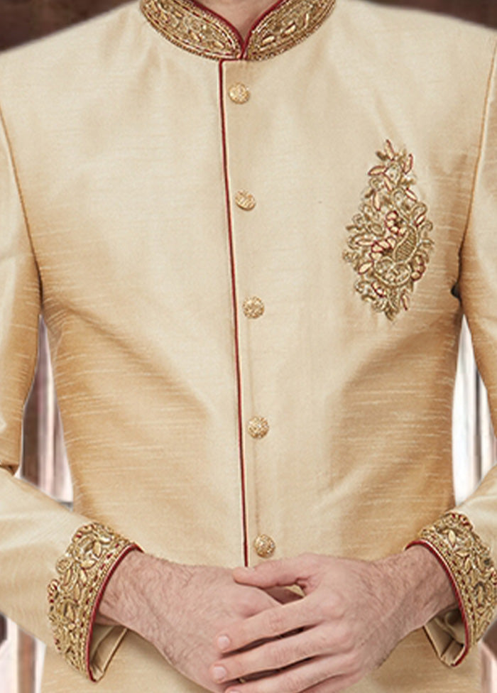 2 Pc Gold Dupion Silk Sherwani Dhoti Set