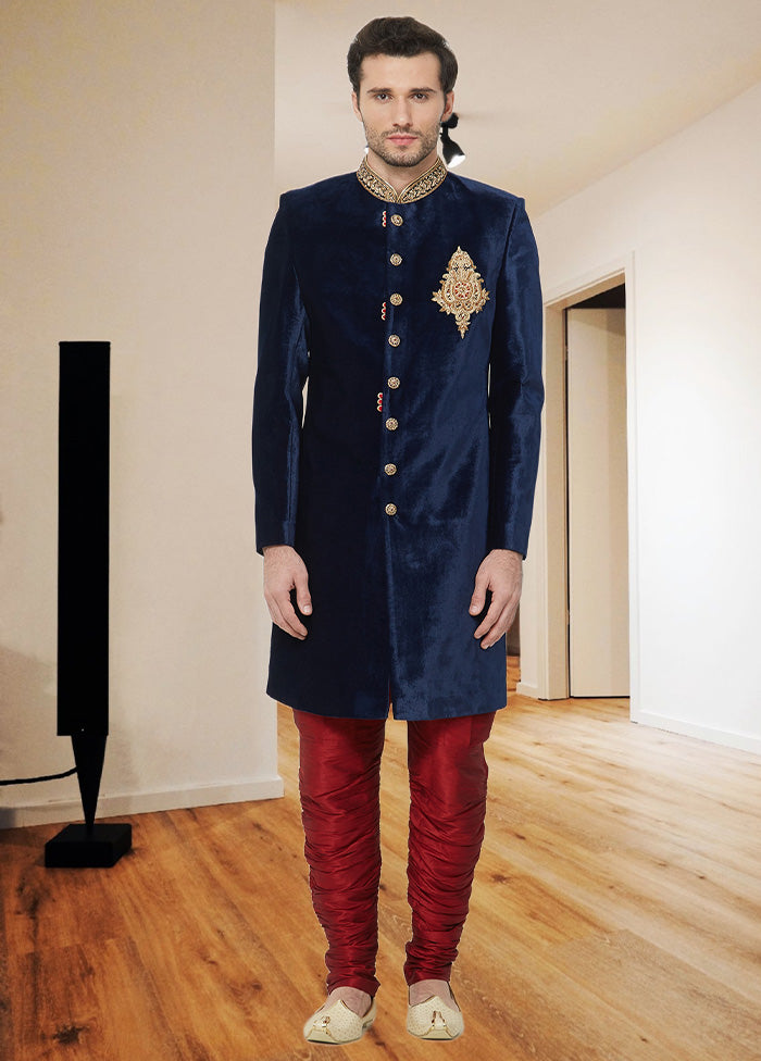 2 Pc Navy Blue Velvet Sherwani Churidar Set