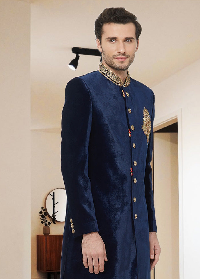 2 Pc Navy Blue Velvet Sherwani Churidar Set